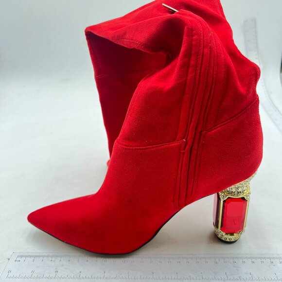 FSJ Red Over The Knee Boot Crystal Chunky High Heel Stretch Thigh High Long Boot - Picture 2 of 8